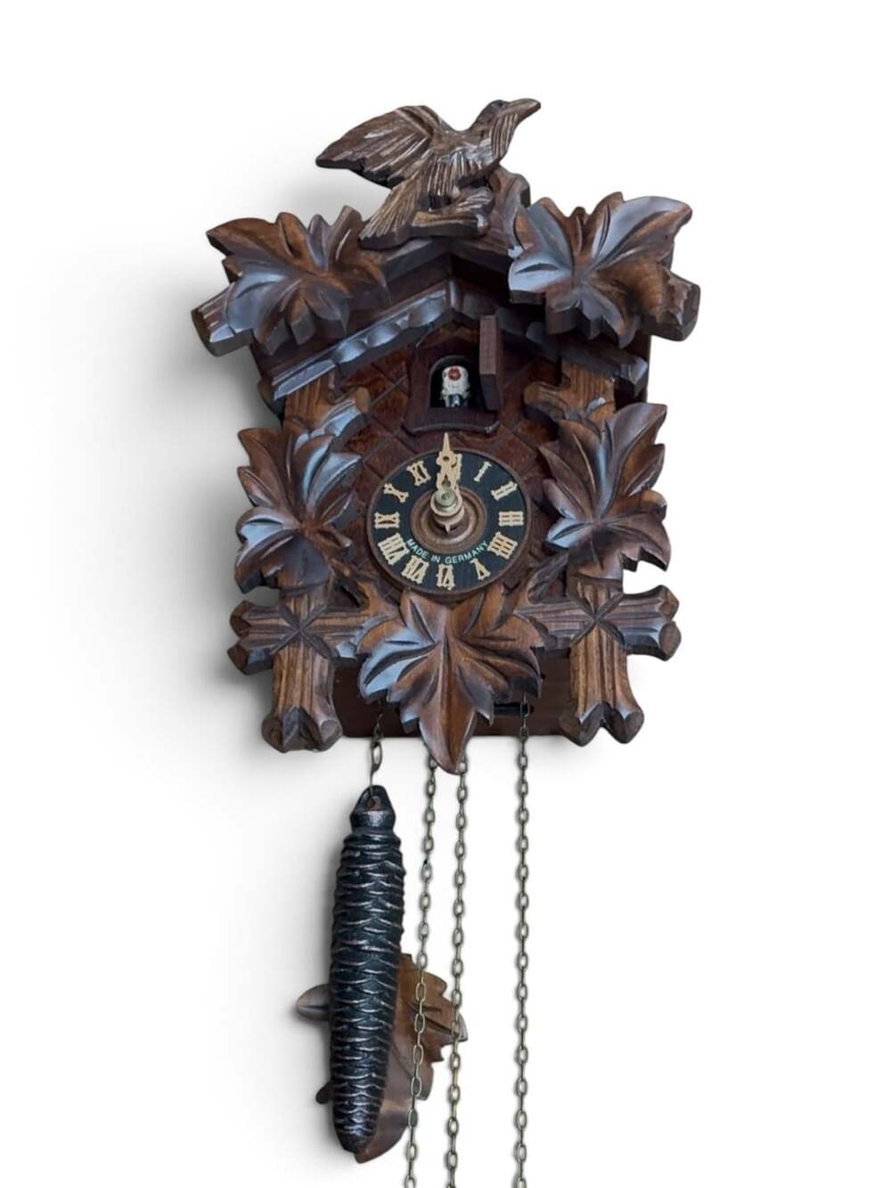 Black Forest Cuckoo Clock Hand Carved 5 Leaves and Bird Made in Germany VdS
